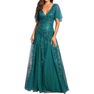 imageEverPretty Womens Sequin Sparkly VNeck Short Sleeve ALine Floor Length Evening Dress 00734Teal