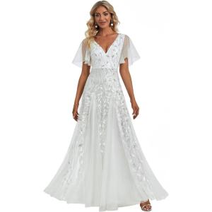 imageEverPretty Womens Sequin Sparkly VNeck Short Sleeve ALine Floor Length Evening Dress 00734White