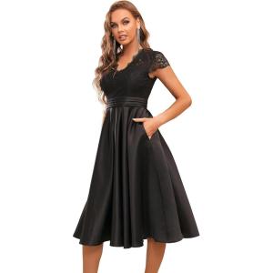 imageEverPretty Womens Aline Pleated Lace See Through Short Cocktail Dress Party Gowns Black US4