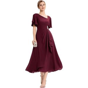 imageEverPretty Womens Asymmetrical Neck Short Sleeves Chiffon Midi ALine Mother of The Bride Dresses 02463Burgundy