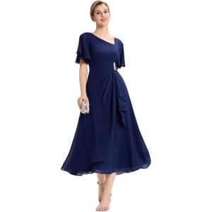 imageEverPretty Womens Asymmetrical Neck Short Sleeves Chiffon Midi ALine Mother of The Bride Dresses 02463Navy Blue