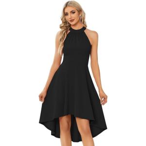 imageEverPretty Womens Summer Semi Formal Dress Halter Neck Pleated Sleeveless High Low Midi Cocktail Dresses Black XL