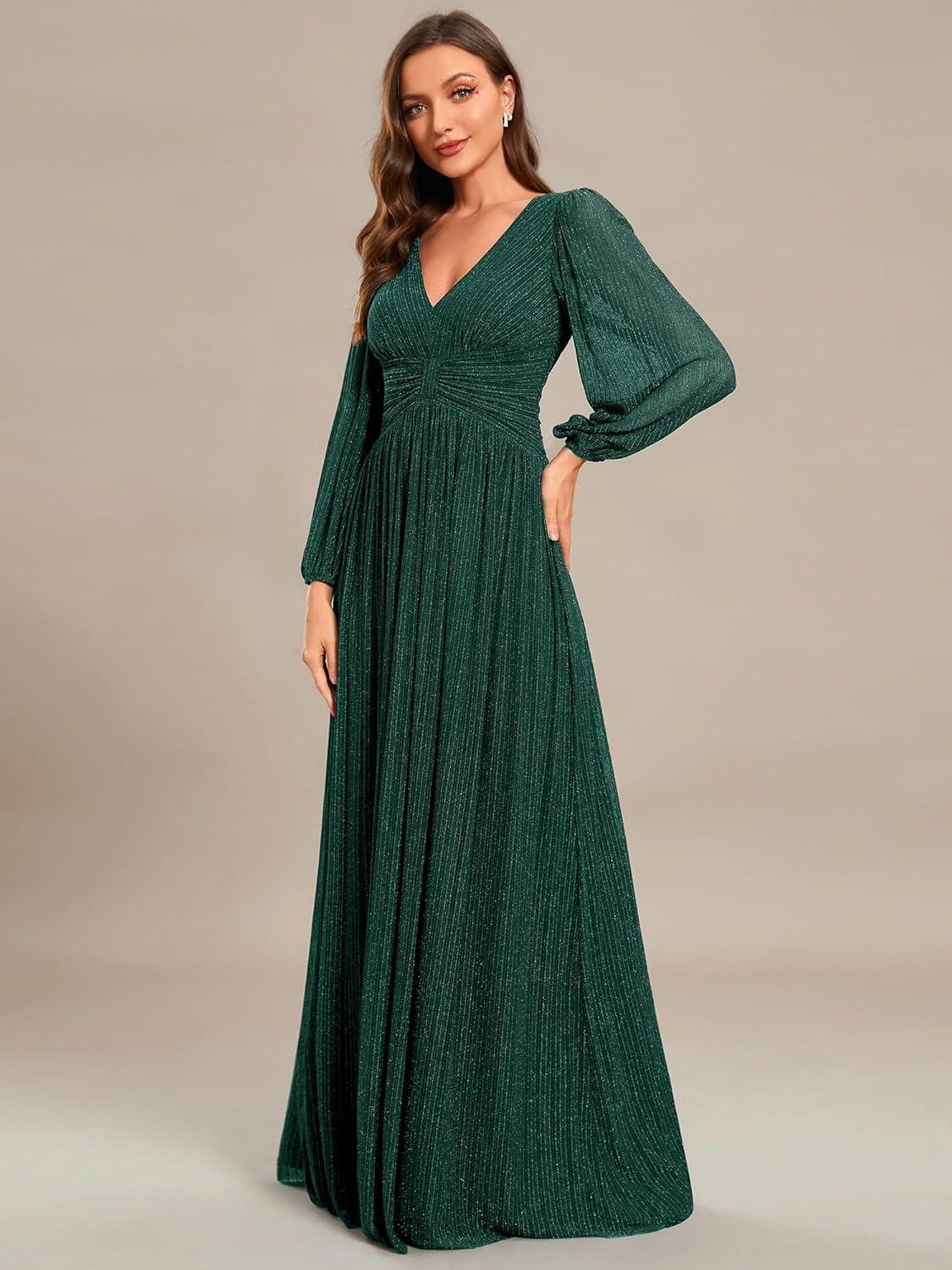 imageEverPretty Womens ALine Long Lantern Sleeves Formal Gowns Empire Waist Long Glitter Evening DressDeep Green