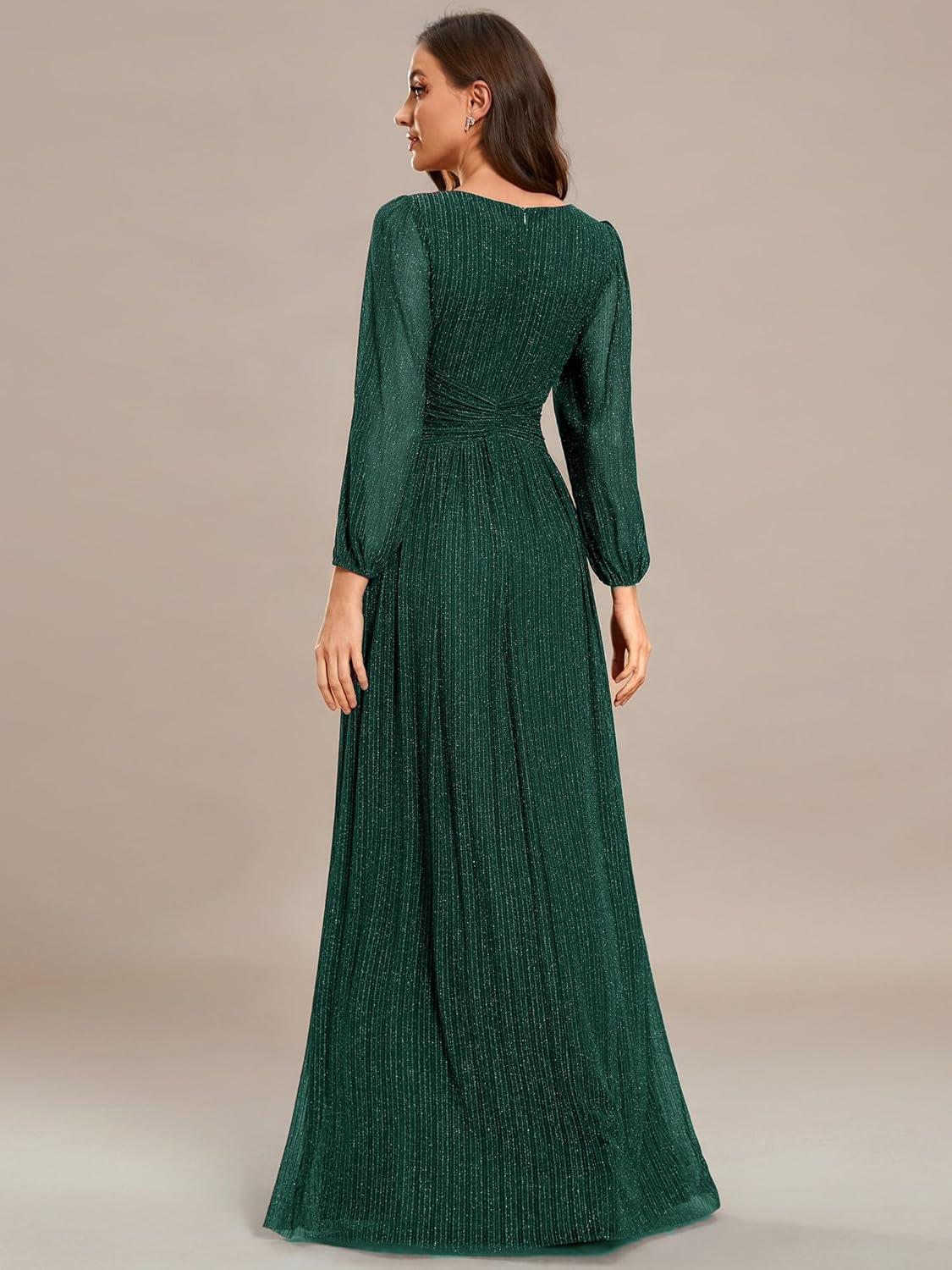 imageEverPretty Womens ALine Long Lantern Sleeves Formal Gowns Empire Waist Long Glitter Evening DressDeep Green