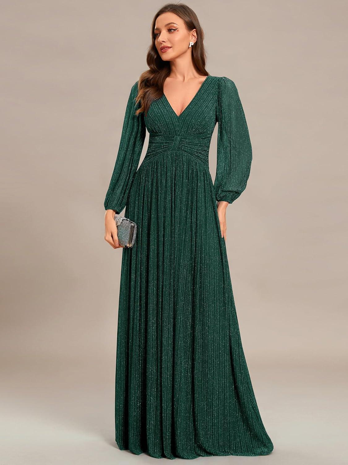 imageEverPretty Womens ALine Long Lantern Sleeves Formal Gowns Empire Waist Long Glitter Evening DressDeep Green