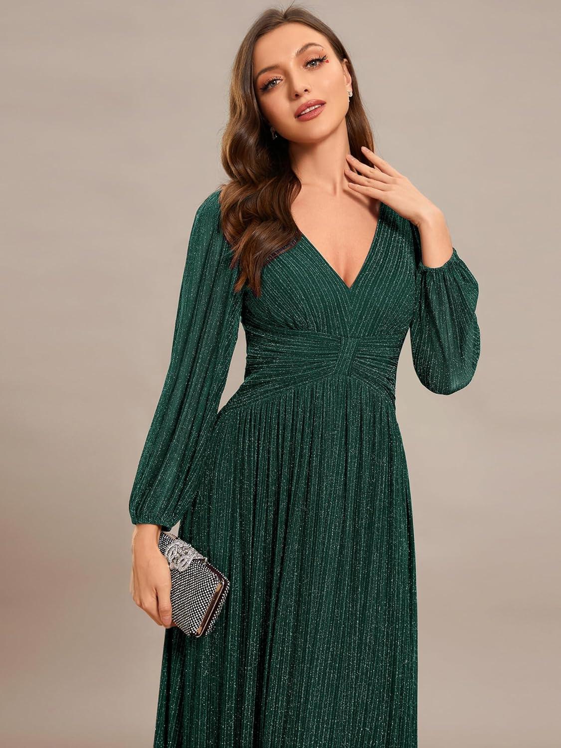 imageEverPretty Womens ALine Long Lantern Sleeves Formal Gowns Empire Waist Long Glitter Evening DressDeep Green