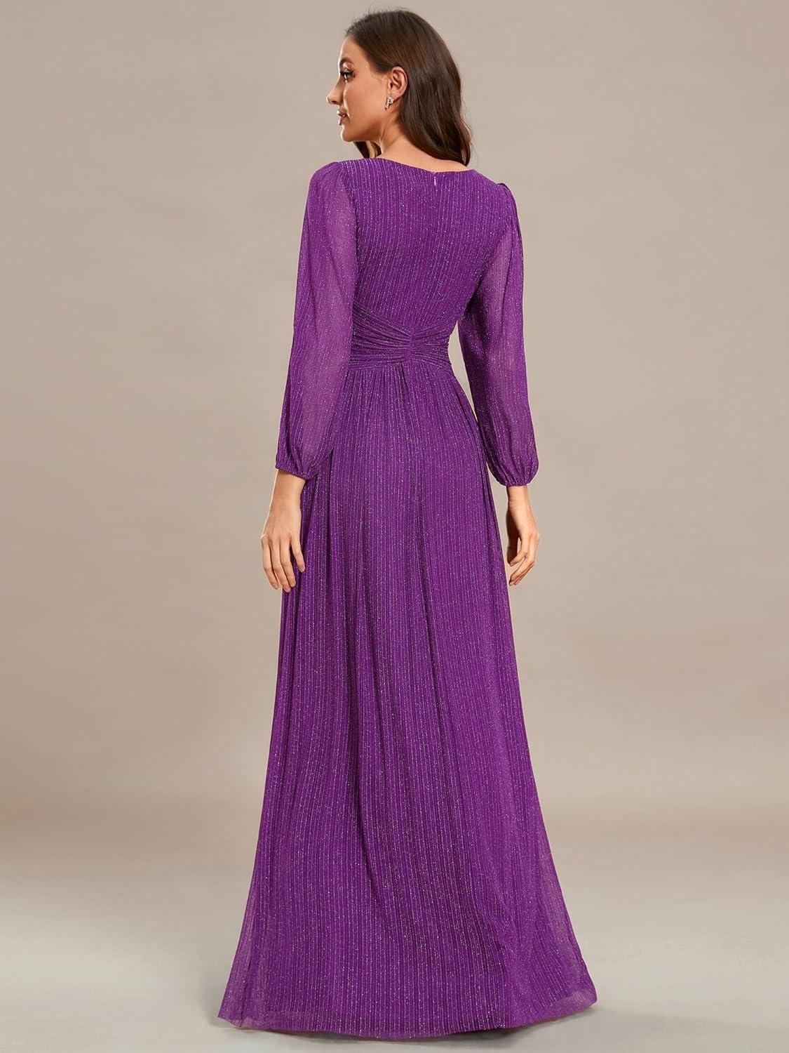 imageEverPretty Womens ALine Long Lantern Sleeves Formal Gowns Empire Waist Long Glitter Evening DressSparkling Grape