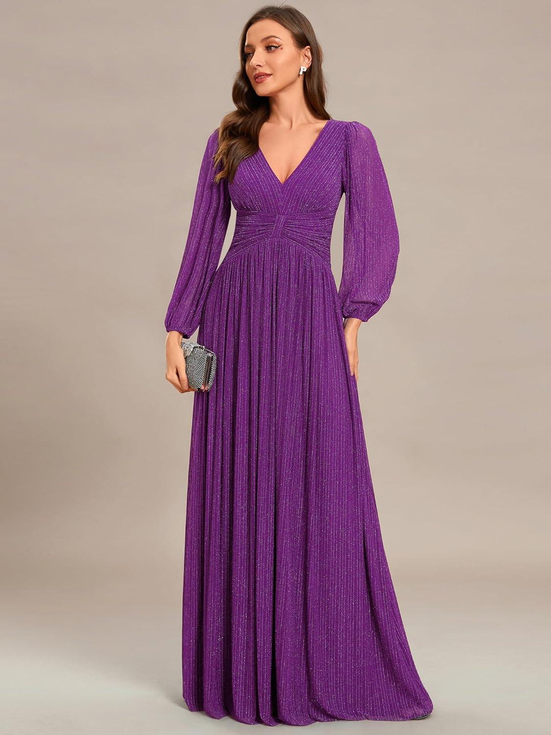 imageEverPretty Womens ALine Long Lantern Sleeves Formal Gowns Empire Waist Long Glitter Evening DressSparkling Grape