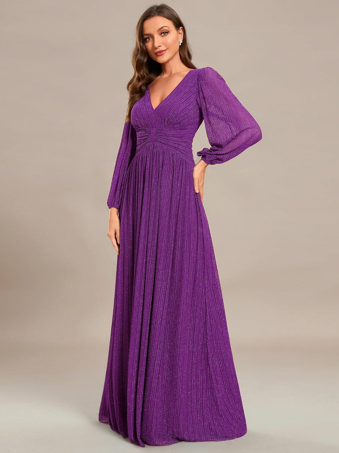 imageEverPretty Womens ALine Long Lantern Sleeves Formal Gowns Empire Waist Long Glitter Evening DressSparkling Grape