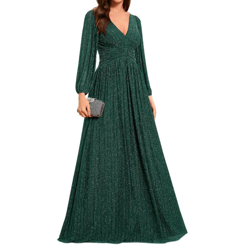 imageEverPretty Womens ALine Long Lantern Sleeves Formal Gowns Empire Waist Long Glitter Evening DressDeep Green