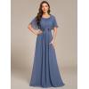 imageEverPretty Womens Classic Round Neck Pleated Short Sleeves Chiffon Appliques Floor Length A Line Formal Evening DressesDusty Blue