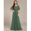 imageEverPretty Womens Classic Round Neck Pleated Short Sleeves Chiffon Appliques Floor Length A Line Formal Evening DressesEucalyptus Green