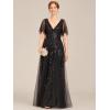 imageEverPretty Womens Elegant Summer V Neck Sequin Short Sleeves Floor Length Formal Evening Dresses 00736PHBlack