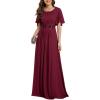 imageEverPretty Womens Classic Round Neck Pleated Short Sleeves Chiffon Appliques Floor Length A Line Formal Evening DressesBurgundy