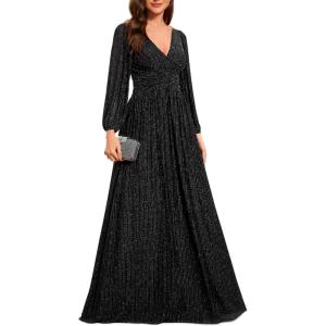 imageEverPretty Womens ALine Long Lantern Sleeves Formal Gowns Empire Waist Long Glitter Evening DressBlack