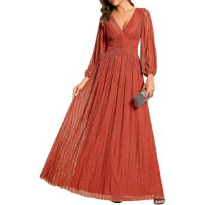 imageEverPretty Womens ALine Long Lantern Sleeves Formal Gowns Empire Waist Long Glitter Evening DressBurnt Orange