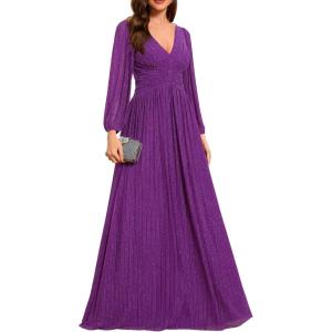 imageEverPretty Womens ALine Long Lantern Sleeves Formal Gowns Empire Waist Long Glitter Evening DressSparkling Grape