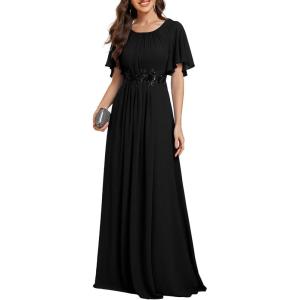 imageEverPretty Womens Classic Round Neck Pleated Short Sleeves Chiffon Appliques Floor Length A Line Formal Evening DressesBlack