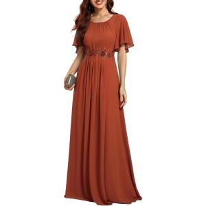 imageEverPretty Womens Classic Round Neck Pleated Short Sleeves Chiffon Appliques Floor Length A Line Formal Evening DressesBurnt Orange