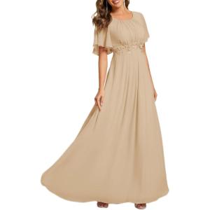 imageEverPretty Womens Classic Round Neck Pleated Short Sleeves Chiffon Appliques Floor Length A Line Formal Evening DressesChampagne