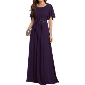 imageEverPretty Womens Classic Round Neck Pleated Short Sleeves Chiffon Appliques Floor Length A Line Formal Evening DressesDark Purple