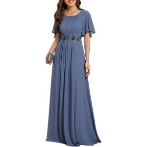imageEverPretty Womens Classic Round Neck Pleated Short Sleeves Chiffon Appliques Floor Length A Line Formal Evening DressesDusty Blue