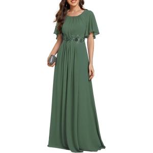 imageEverPretty Womens Classic Round Neck Pleated Short Sleeves Chiffon Appliques Floor Length A Line Formal Evening DressesEucalyptus Green