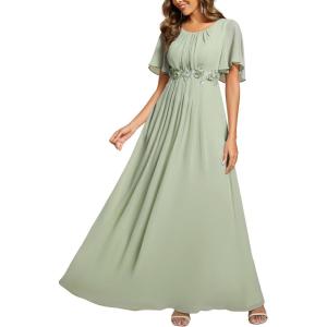 imageEverPretty Womens Classic Round Neck Pleated Short Sleeves Chiffon Appliques Floor Length A Line Formal Evening DressesMint Green