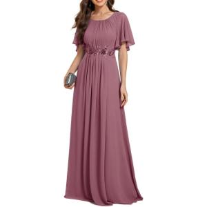 imageEverPretty Womens Classic Round Neck Pleated Short Sleeves Chiffon Appliques Floor Length A Line Formal Evening DressesOrchid