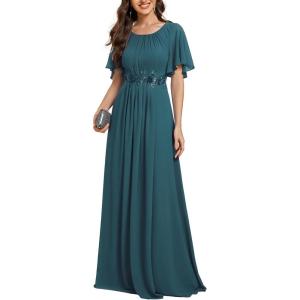 imageEverPretty Womens Classic Round Neck Pleated Short Sleeves Chiffon Appliques Floor Length A Line Formal Evening DressesTeal