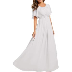 imageEverPretty Womens Classic Round Neck Pleated Short Sleeves Chiffon Appliques Floor Length A Line Formal Evening DressesWhite