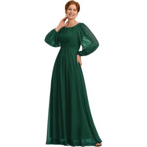 imageEverPretty Womens Elegant A Line Pleat Floor Length Flowy Chiffon Long Sleeves Mother of The Bride Dress 0106BPHDark Green