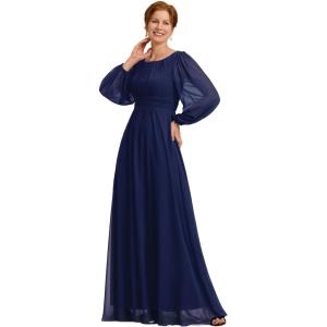 imageEverPretty Womens Elegant A Line Pleat Floor Length Flowy Chiffon Long Sleeves Mother of The Bride Dress 0106BPHNavy Blue