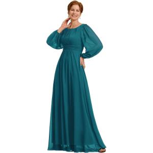 imageEverPretty Womens Elegant A Line Pleat Floor Length Flowy Chiffon Long Sleeves Mother of The Bride Dress 0106BPHTeal