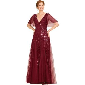 imageEverPretty Womens Elegant Summer V Neck Sequin Short Sleeves Floor Length Formal Evening Dresses 00736PHBurgundy