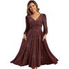 imageEverPretty Womens Glitter ALine VNeck Tea Length Long Sleeves Wedding Guest Dresses with Pockets 02523Burgundy