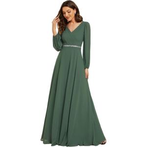 imageEverPretty Womens Formal Dresses Long Sleeve V Neck Empire Waist A Line Beading Floor Length Wedding Guest Dress 01981Eucalyptus Green