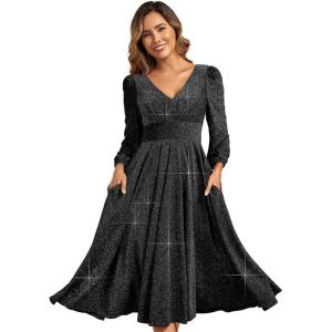 imageEverPretty Womens Glitter ALine VNeck Tea Length Long Sleeves Wedding Guest Dresses with Pockets 02523Black