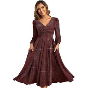 imageEverPretty Womens Glitter ALine VNeck Tea Length Long Sleeves Wedding Guest Dresses with Pockets 02523Burgundy