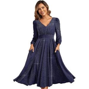 imageEverPretty Womens Glitter ALine VNeck Tea Length Long Sleeves Wedding Guest Dresses with Pockets 02523Navy Blue