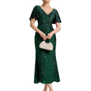imageEverPretty Womens Gorgeous V Neck Sequin Tulle Short Sleeves Bodycon Maxi Formal Evening Gowns 02370Deep Green