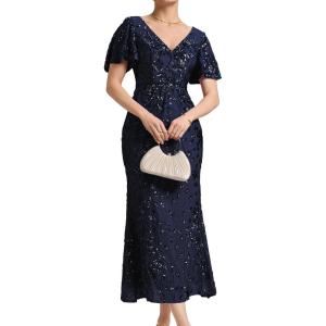 imageEverPretty Womens Gorgeous V Neck Sequin Tulle Short Sleeves Bodycon Maxi Formal Evening Gowns 02370Navy Blue