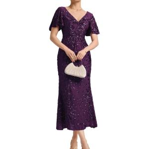 imageEverPretty Womens Gorgeous V Neck Sequin Tulle Short Sleeves Bodycon Maxi Formal Evening Gowns 02370Purple