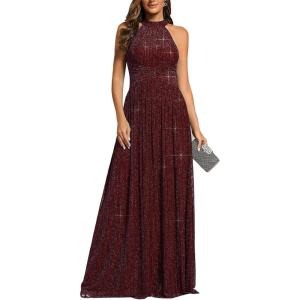 imageEverPretty Womens Sexy Halter Sleeveless Pletaed Floor Length Glitter Evening Formal Dress 41961Burgundy