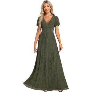 imageEverPretty Womens V Neck Glitter Pleated Short Sleeves Floor Length A Line Formal Evening DressesOlive Green