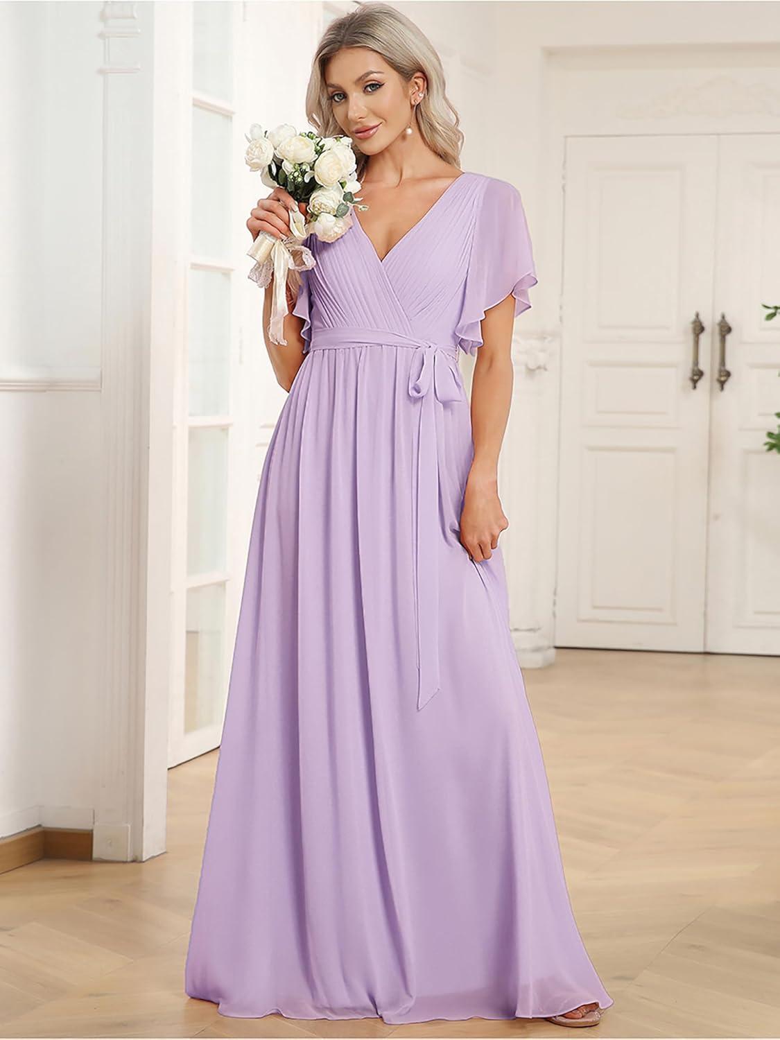 imageEverPretty Womens Bridesmaid Dress VNeck Ruffle Sleeves Ruched Bust Floor Length Chiffon Formal Dresses 0164AFrosted Lilac
