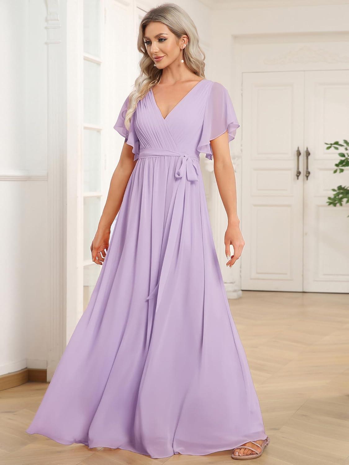 imageEverPretty Womens Bridesmaid Dress VNeck Ruffle Sleeves Ruched Bust Floor Length Chiffon Formal Dresses 0164AFrosted Lilac