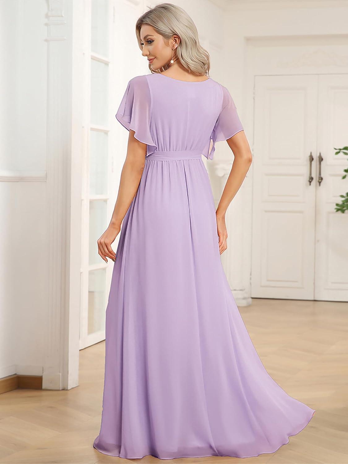 imageEverPretty Womens Bridesmaid Dress VNeck Ruffle Sleeves Ruched Bust Floor Length Chiffon Formal Dresses 0164AFrosted Lilac