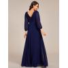 imageEverPretty Womens Chiffon ALine Floor Length V Neck Long Sleeves Pleated Formal Evening Dress 03890Navy Blue
