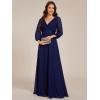 imageEverPretty Womens Chiffon ALine Floor Length V Neck Long Sleeves Pleated Formal Evening Dress 03890Navy Blue